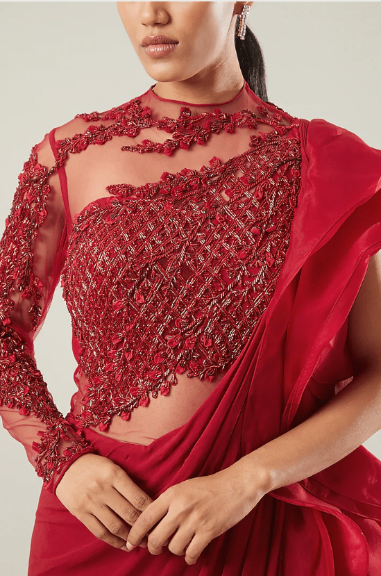 Red Viscose Georgette Gown Saree - Image 3