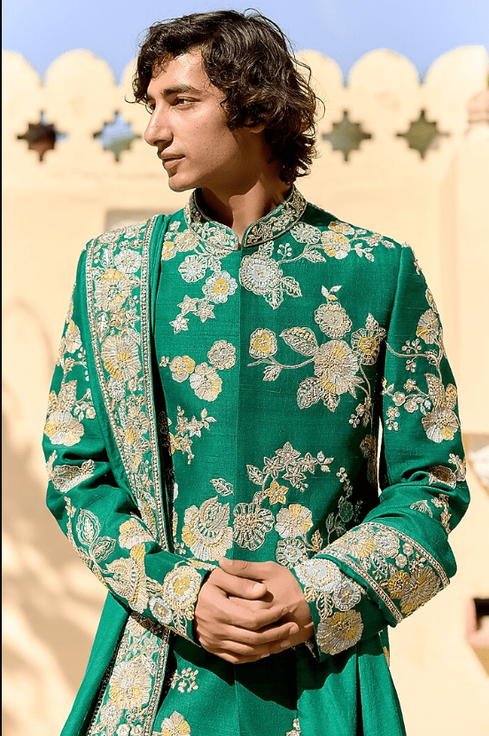 Jewel Green Raw Silk Zardosi Embroidered Sherwani Set - Image 3