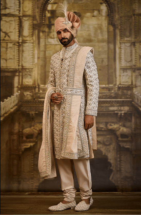 Ivory Taffeta Silk Dabka Embroidered Sherwani Set - Image 3