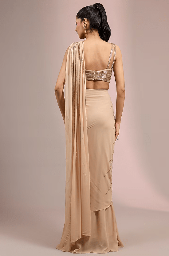 Champagne Rayon Georgette Sculpted Draped Saree Set - Image 4