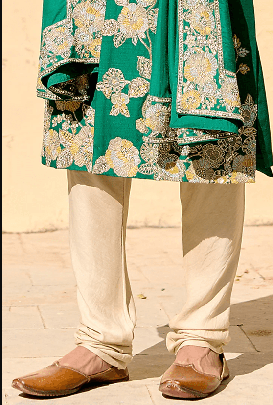 Jewel Green Raw Silk Zardosi Embroidered Sherwani Set - Image 4