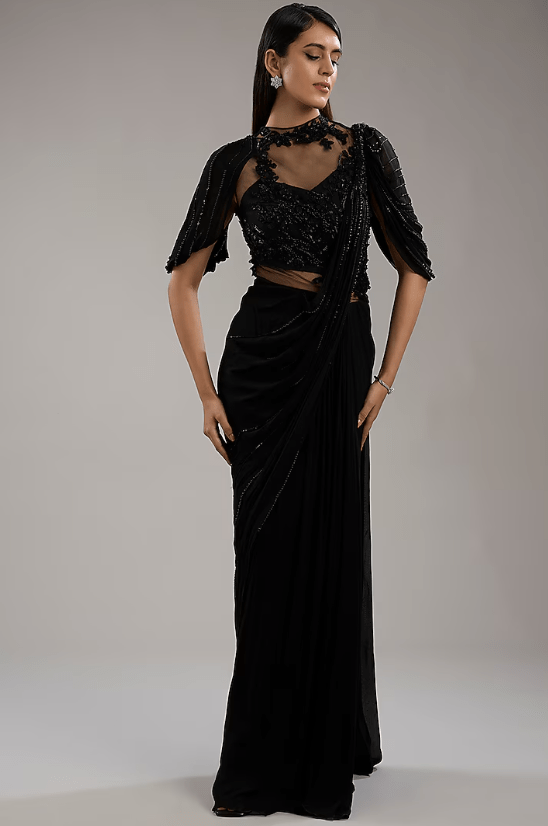 Black Viscose Georgette Bugle Bead Embroidered Draped Gown Saree