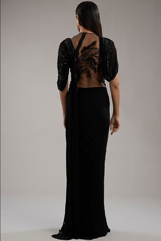 Black Viscose Georgette Bugle Bead Embroidered Draped Gown Saree - Image 2
