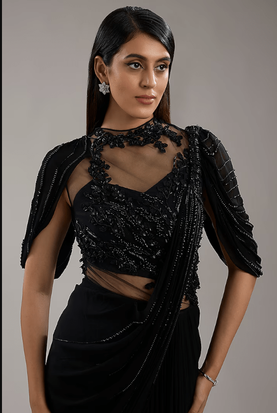 Black Viscose Georgette Bugle Bead Embroidered Draped Gown Saree - Image 3