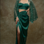 Emerald Green Satin & Net Embroidered Cape Set