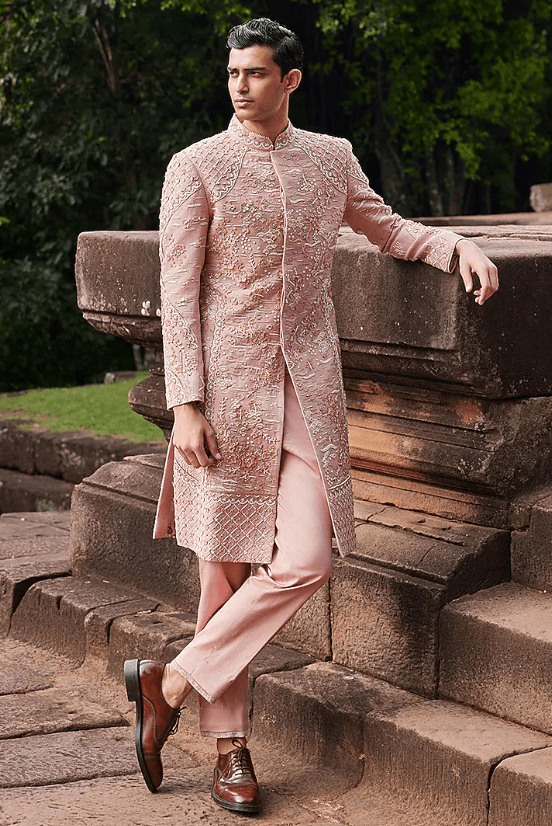 Peach Matka Silk Hand Embroidered Sherwani Set
