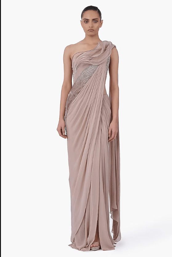 Light Champagne Chiffon Draped Gown Saree