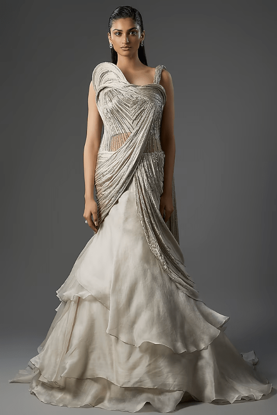 Ivory Crepe Sculpted Lehenga Saree