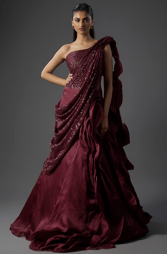 Berry Wine Polyester Sequins Sculpted Gown