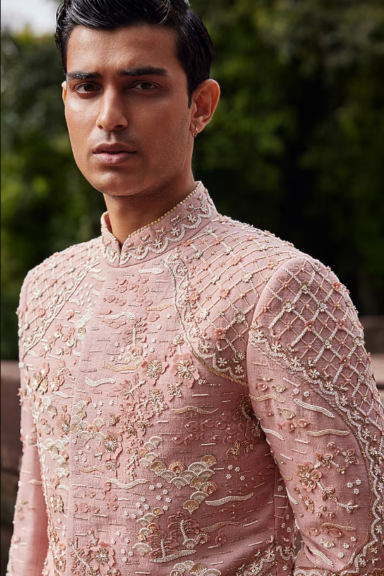 Peach Matka Silk Hand Embroidered Sherwani Set - Image 2