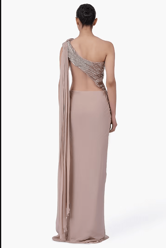 Light Champagne Chiffon Draped Gown Saree - Image 2