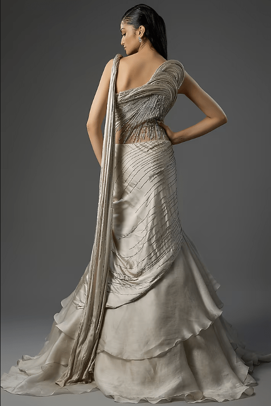 Ivory Crepe Sculpted Lehenga Saree - Image 2