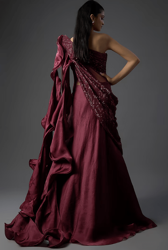 Berry Wine Polyester Sequins Sculpted Gown - Image 2