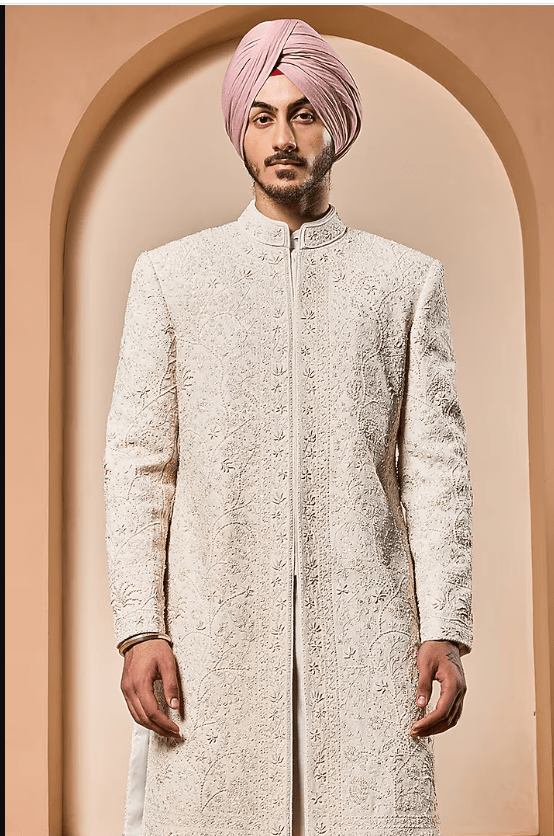 Ivory Matka Silk Thread Work Sherwani Set - Image 2
