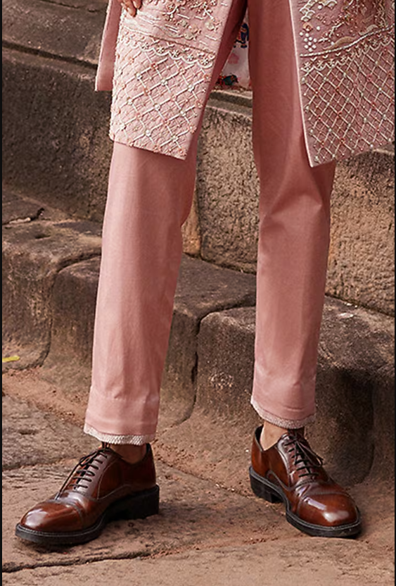 Peach Matka Silk Hand Embroidered Sherwani Set - Image 3
