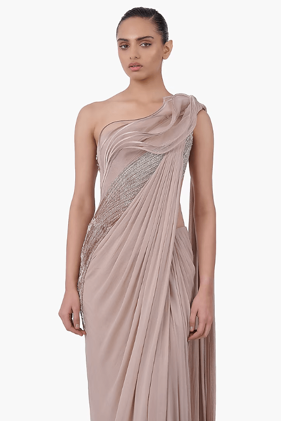 Light Champagne Chiffon Draped Gown Saree - Image 3