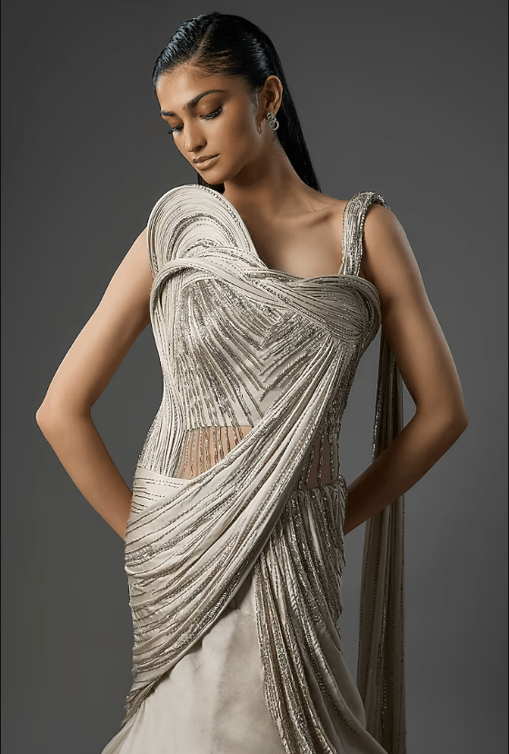 Ivory Crepe Sculpted Lehenga Saree - Image 3