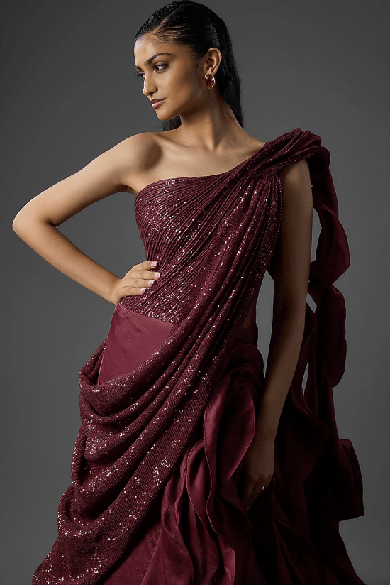 Berry Wine Polyester Sequins Sculpted Gown - Image 3