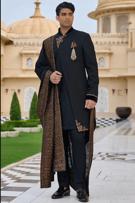 Black Suiting Structured Sherwani Set - Image 3