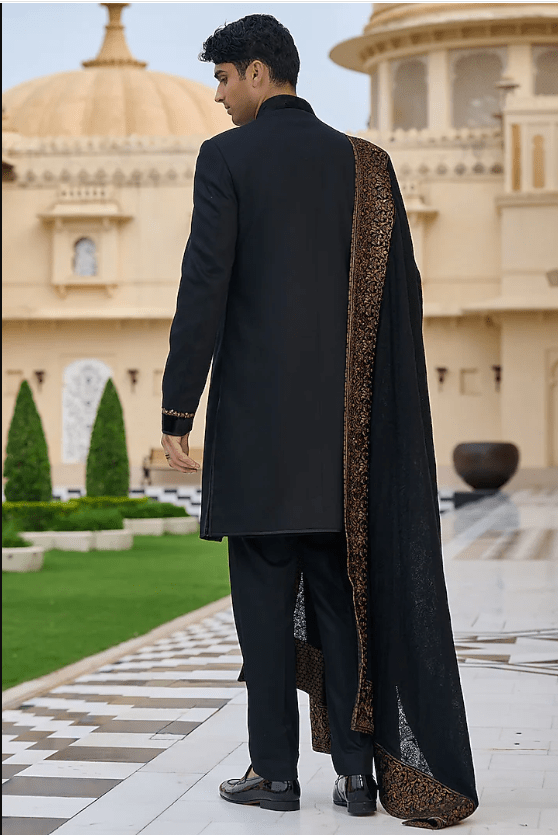 Black Suiting Structured Sherwani Set - Image 4