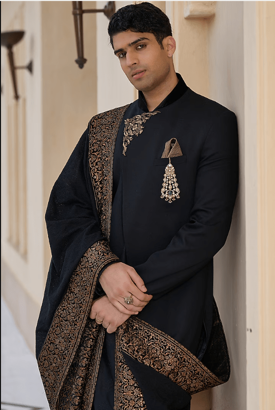 Black Suiting Structured Sherwani Set - Image 5
