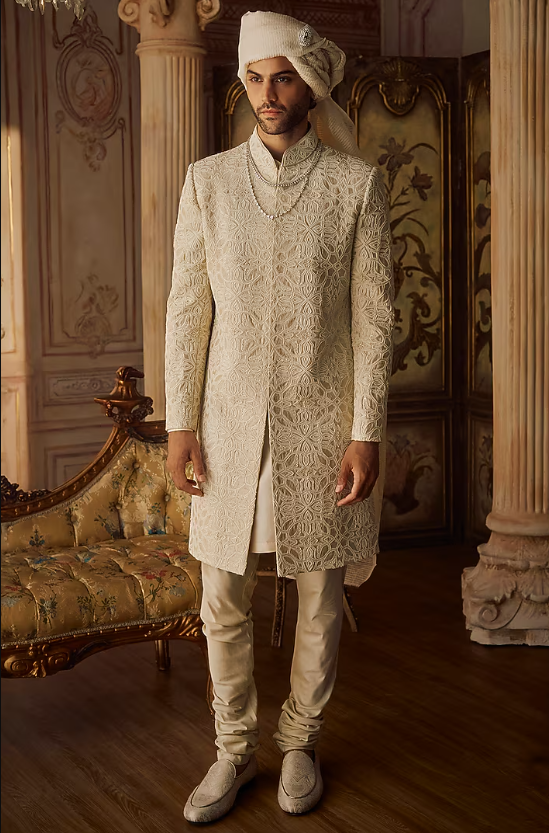 Nude Raw Silk Thread Embroidered Sherwani Set