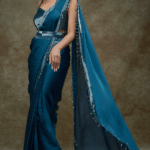 Teal Blue Satin & Raw Silk Saree Set