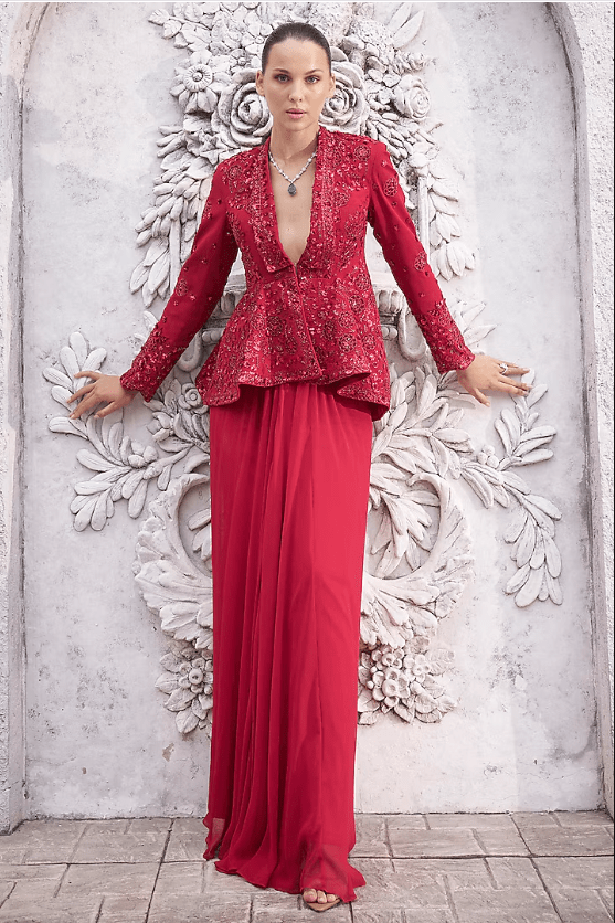 Red Georgette Pleated Skirt Set