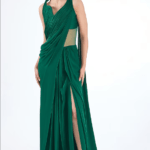 Emerald Green Silk Chiffon Sculpted Gown Saree