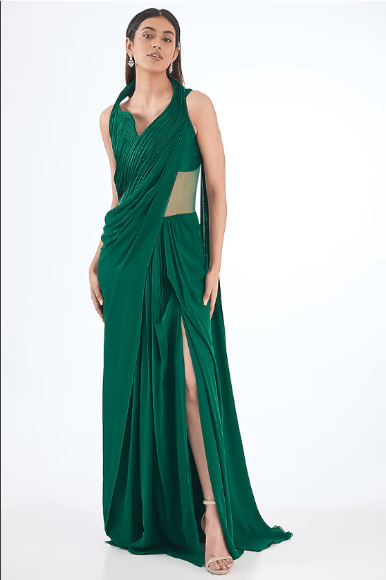 Emerald Green Silk Chiffon Sculpted Gown Saree