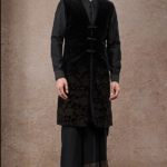 Black Cotton Velvet Sleeveless Sherwani Set