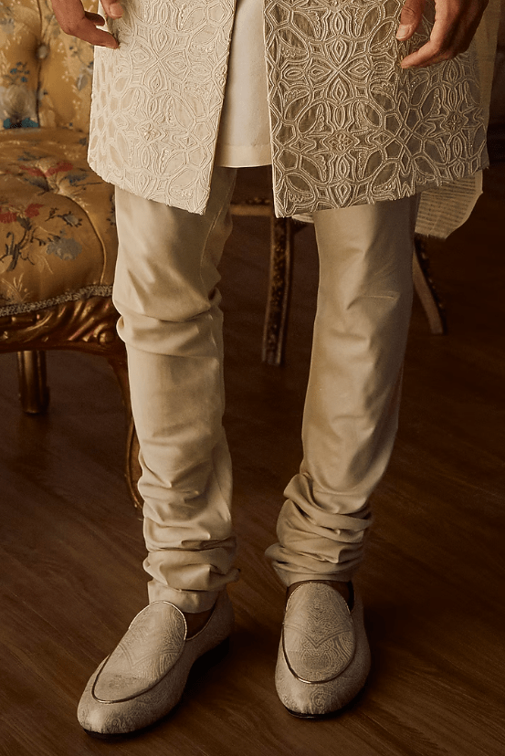 Nude Raw Silk Thread Embroidered Sherwani Set - Image 2