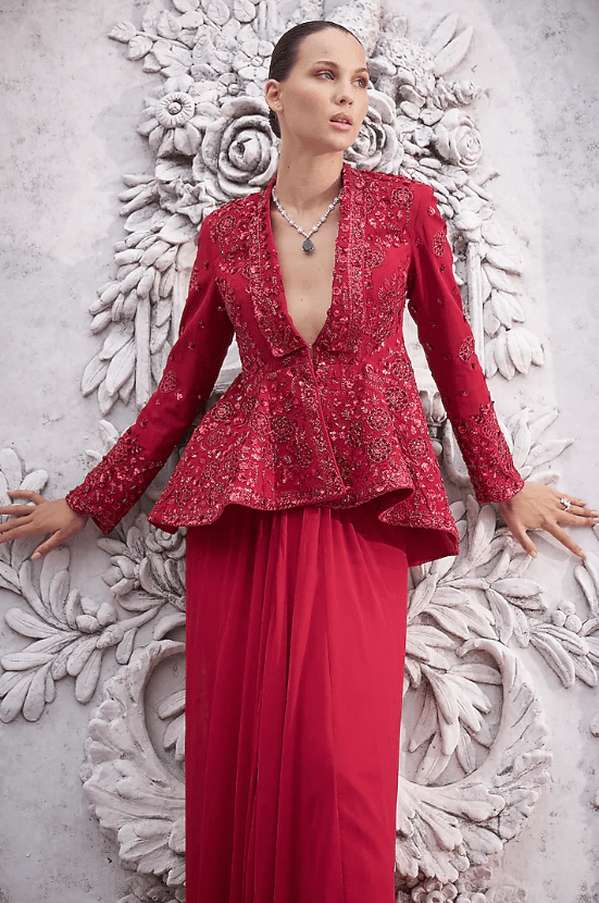 Red Georgette Pleated Skirt Set - Image 2