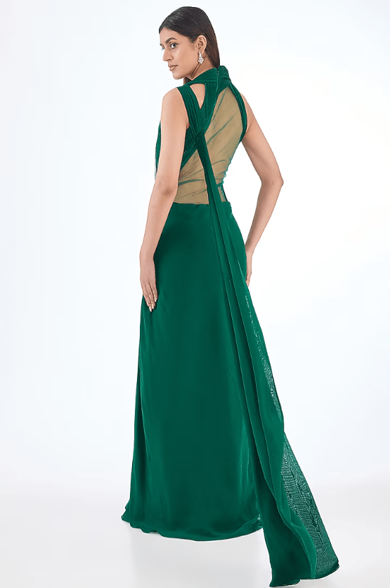 Emerald Green Silk Chiffon Sculpted Gown Saree - Image 2
