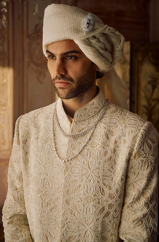 Nude Raw Silk Thread Embroidered Sherwani Set - Image 3