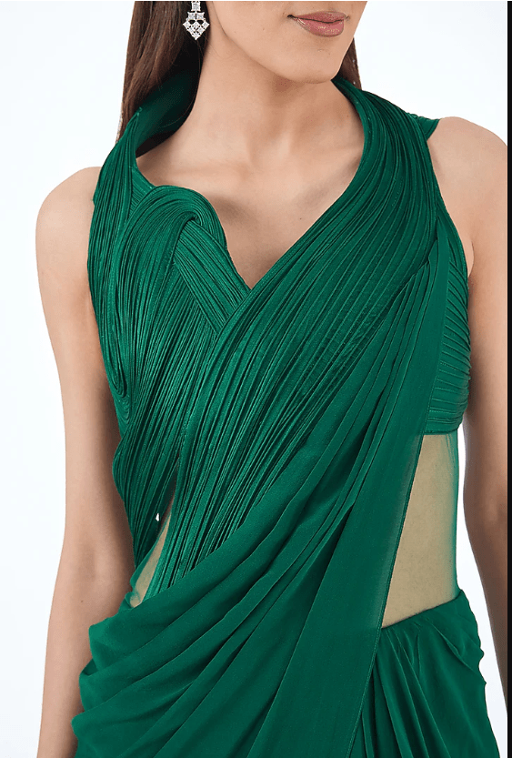 Emerald Green Silk Chiffon Sculpted Gown Saree - Image 3