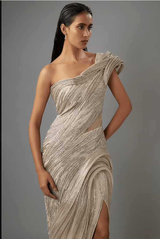 Sage Gold & Silver Tulle Embroidered Gown - Image 3