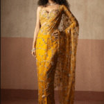 Mustard Yellow Net & Satin Pre-Stitched Saree Set