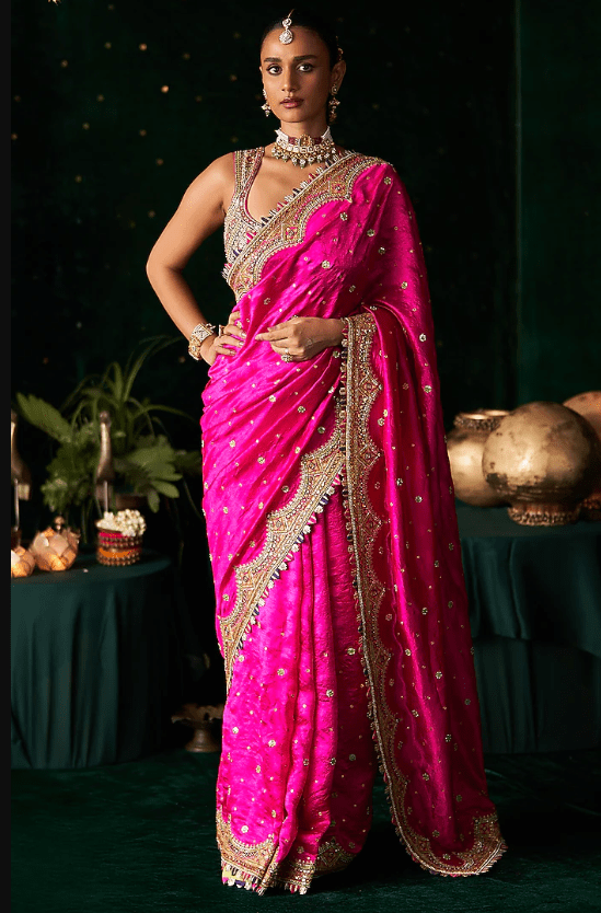 Pink Silk Mirror Embroidered Saree Set