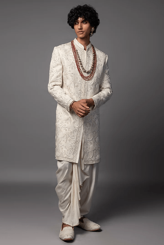 Ivory Linen Satin Resham Work Sherwani Set