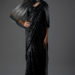 Black Polyester Sequins Draped Saree Set