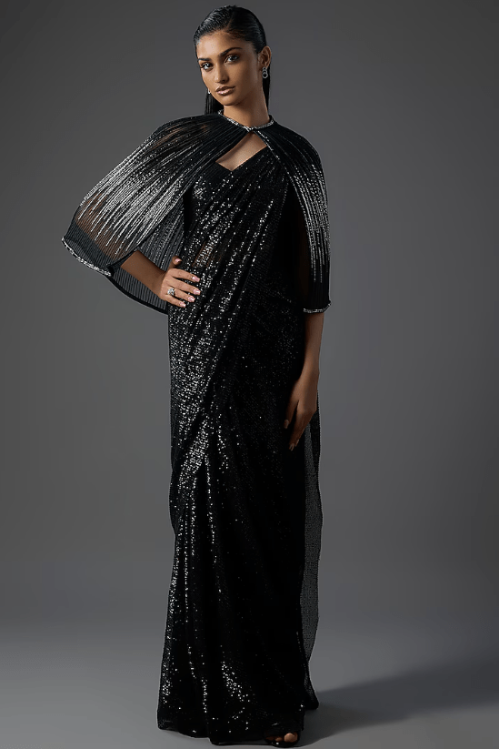 Black Polyester Sequins Draped Saree Set