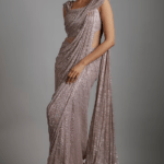 Pink-Gold Sequins Bugle Bead Embroidered One-Shoulder Gown Saree