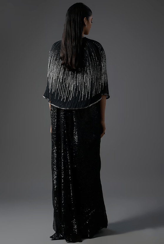 Black Polyester Sequins Draped Saree Set - Image 2