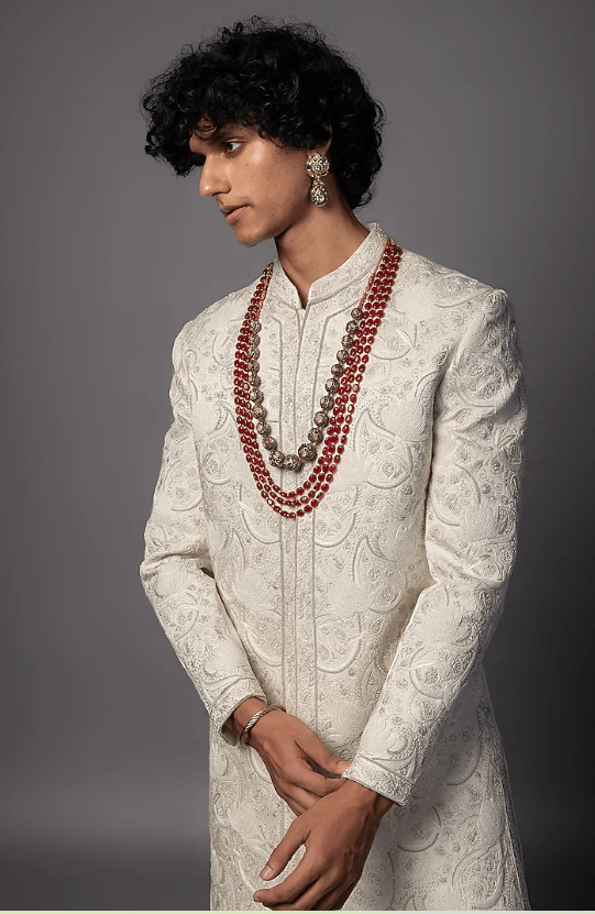 Ivory Linen Satin Resham Work Sherwani Set - Image 3