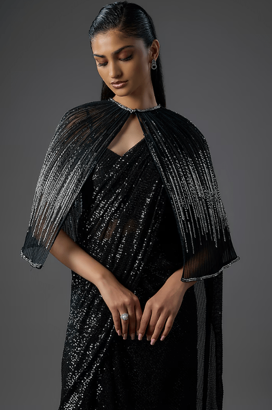 Black Polyester Sequins Draped Saree Set - Image 4