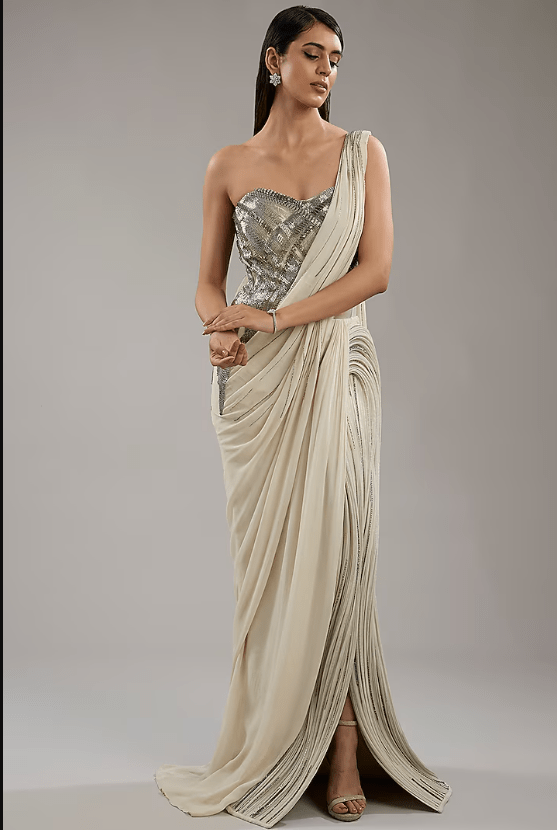Sage Gold Viscose Georgette Corset Gown Saree