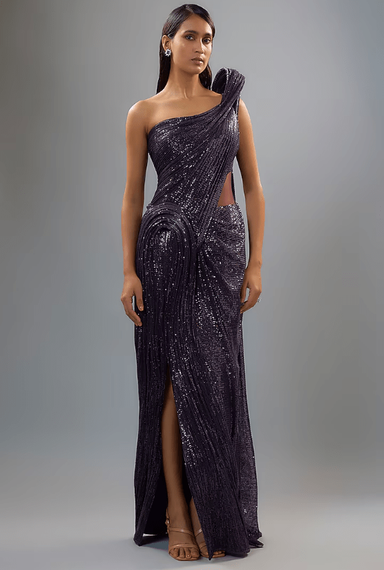 Grape Purple Sequins Bugle Bead Embroidered Sculpted Gown Saree
