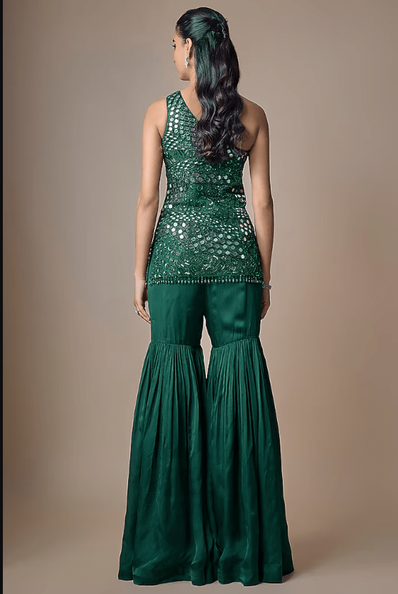 Emerald Green Satin Tulle Mirror Embroidered Sharara Set - Image 2