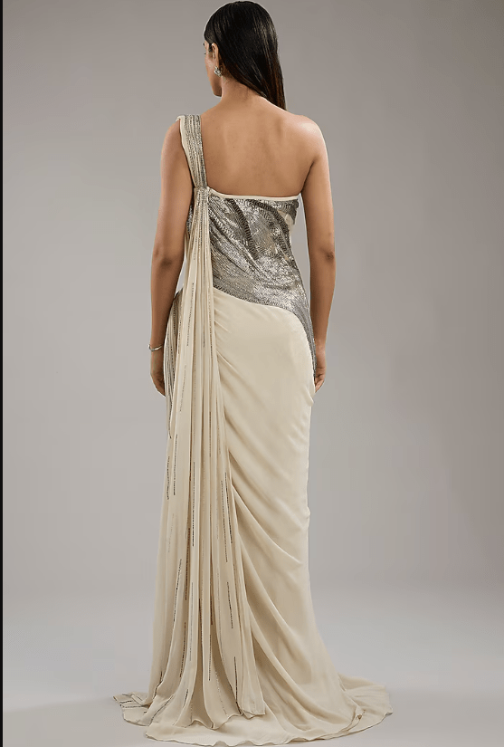Sage Gold Viscose Georgette Corset Gown Saree - Image 2
